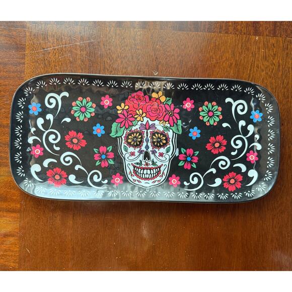 Día de los Muertos Sugar Skull on Black Melamine Tray ~14”x7” - Picture 2 of 4